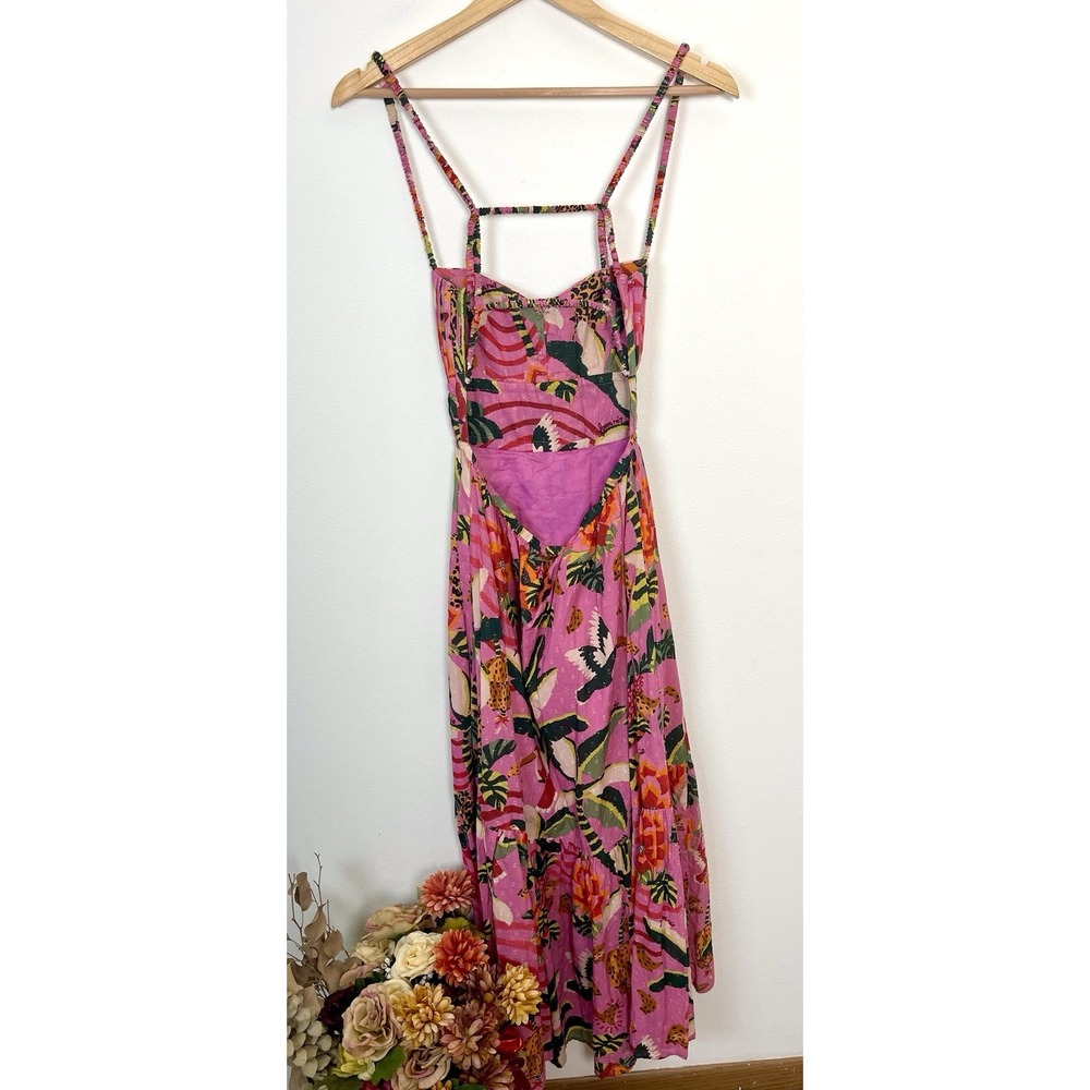 FARM RIO Pink Leopard Forest Midi Dress 100% Cotton Pink Tropical Backless S - Picture 16 of 16